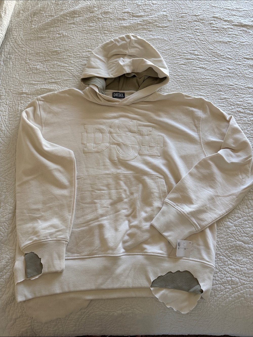 Diesel Distresses Cream Logo Hoodie Sweatshirt